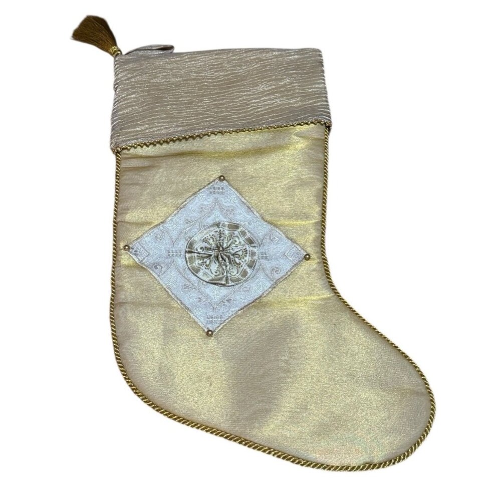 Gold Embroidered Christmas Stocking Holiday Metallic Tasseled Classic Luxury
